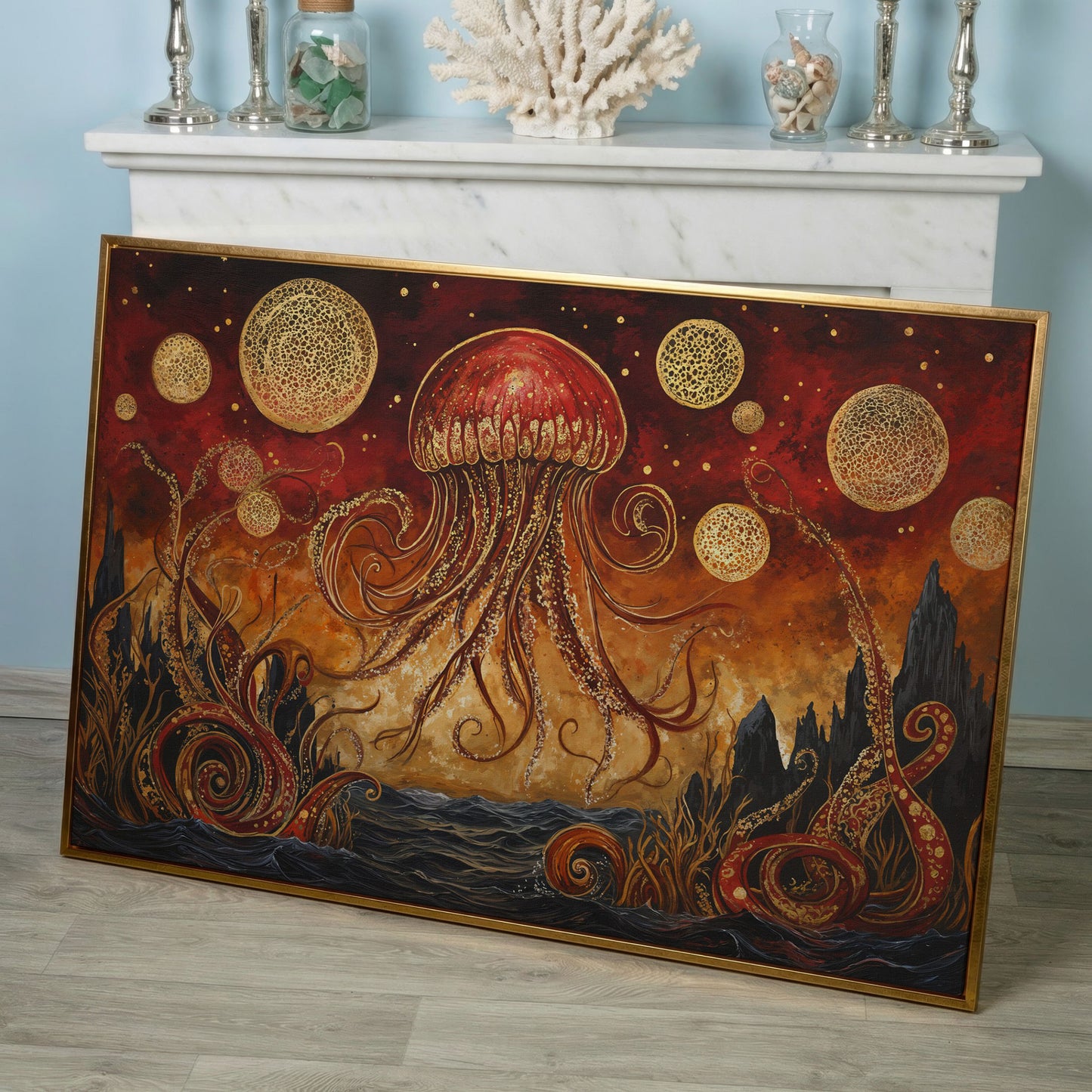 Surreal Jellyfish Above a Golden Seascape Canvas Print in rose gold floating frame