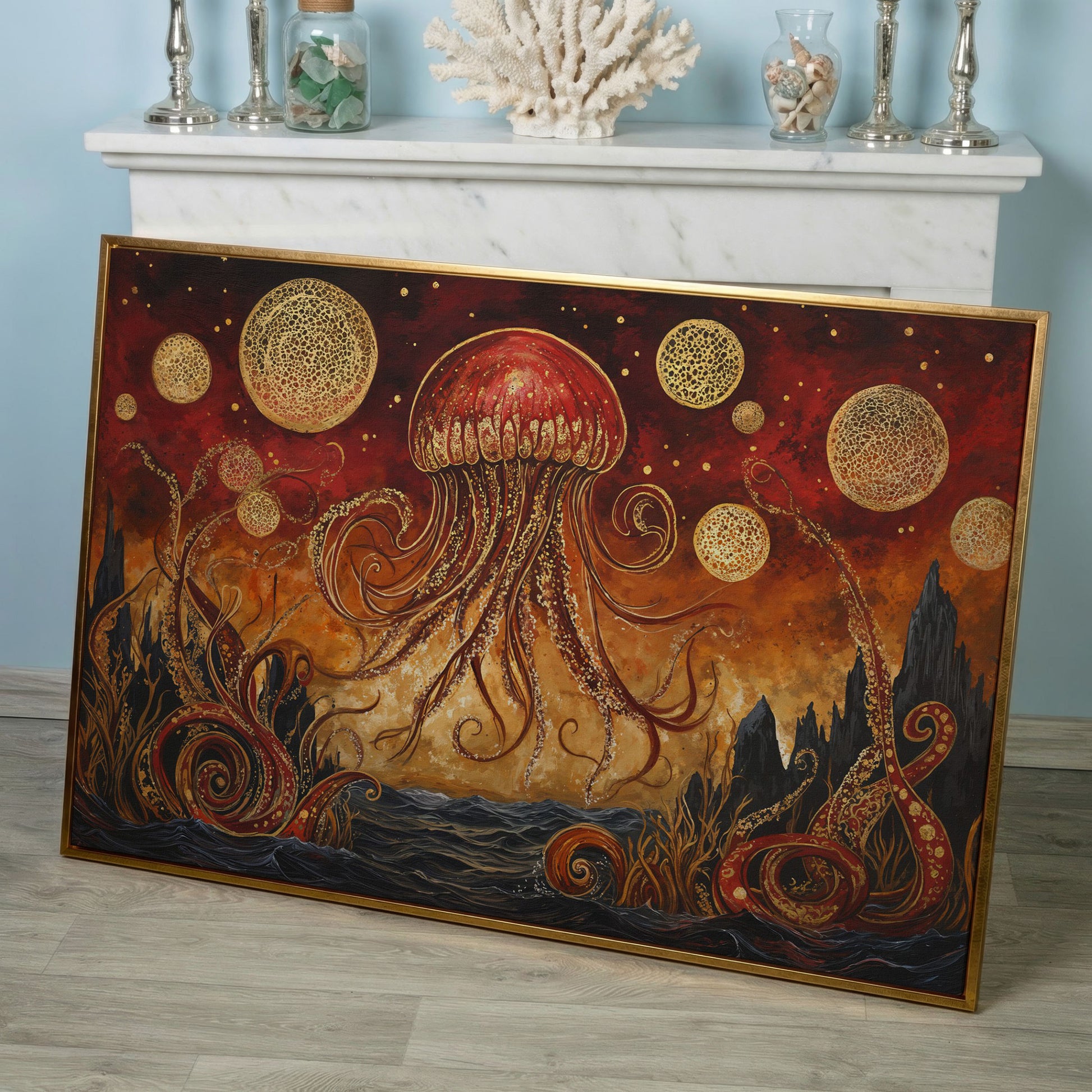Surreal Jellyfish Above a Golden Seascape Canvas Print in rose gold floating frame