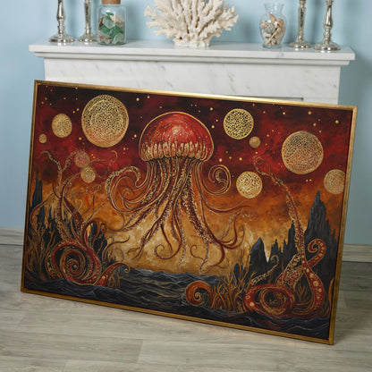 Surreal Jellyfish Above a Golden Seascape Canvas Print in rose gold floating frame