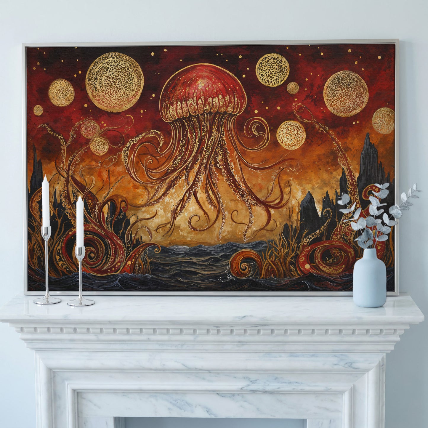 Surreal Jellyfish Above a Golden Seascape Canvas Print in silver floating frame