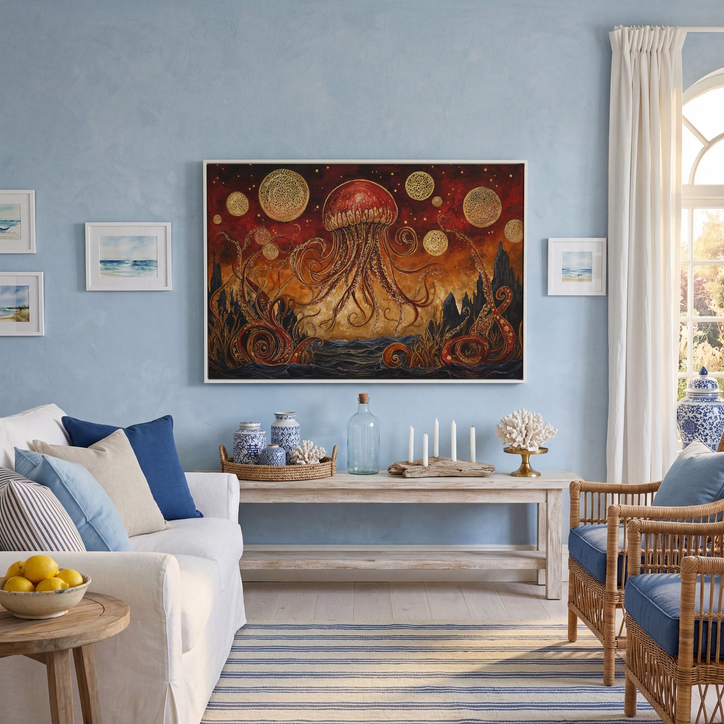 Surreal Jellyfish Above a Golden Seascape Canvas Print in white floating frame