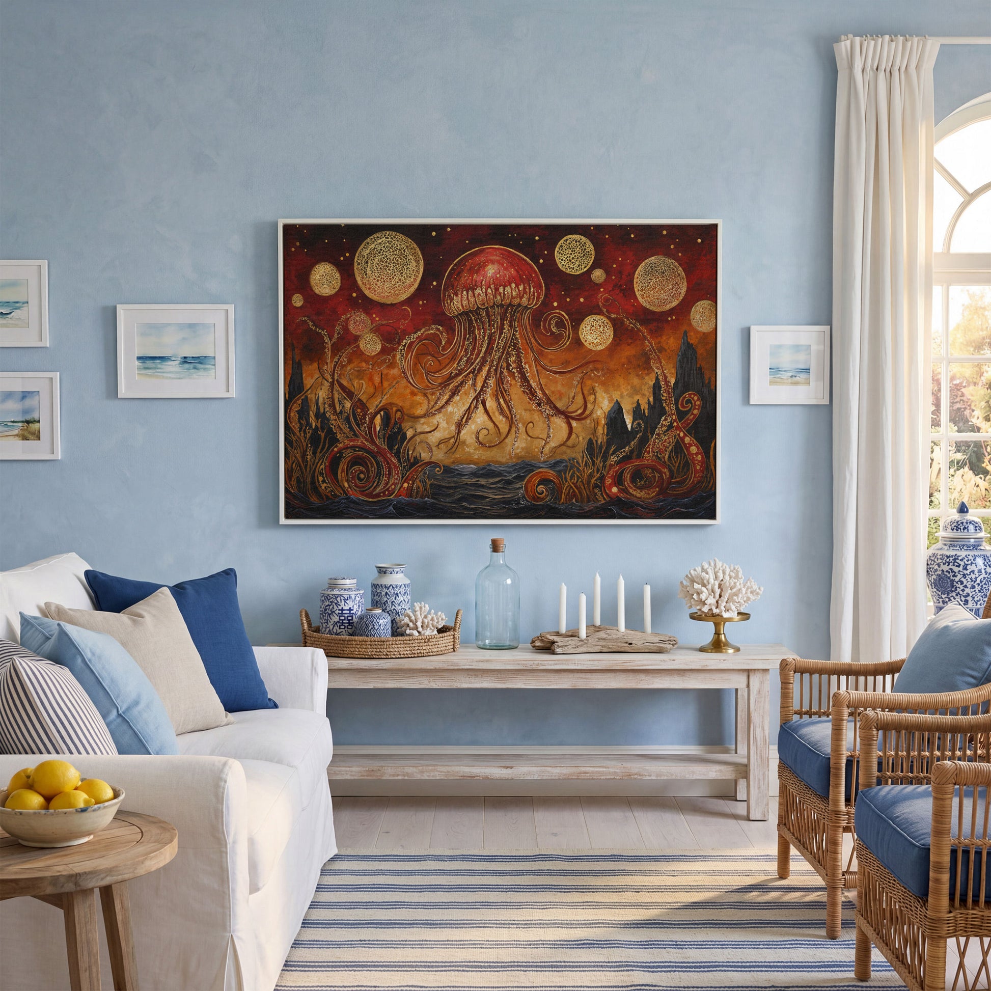 Surreal Jellyfish Above a Golden Seascape Canvas Print in white floating frame