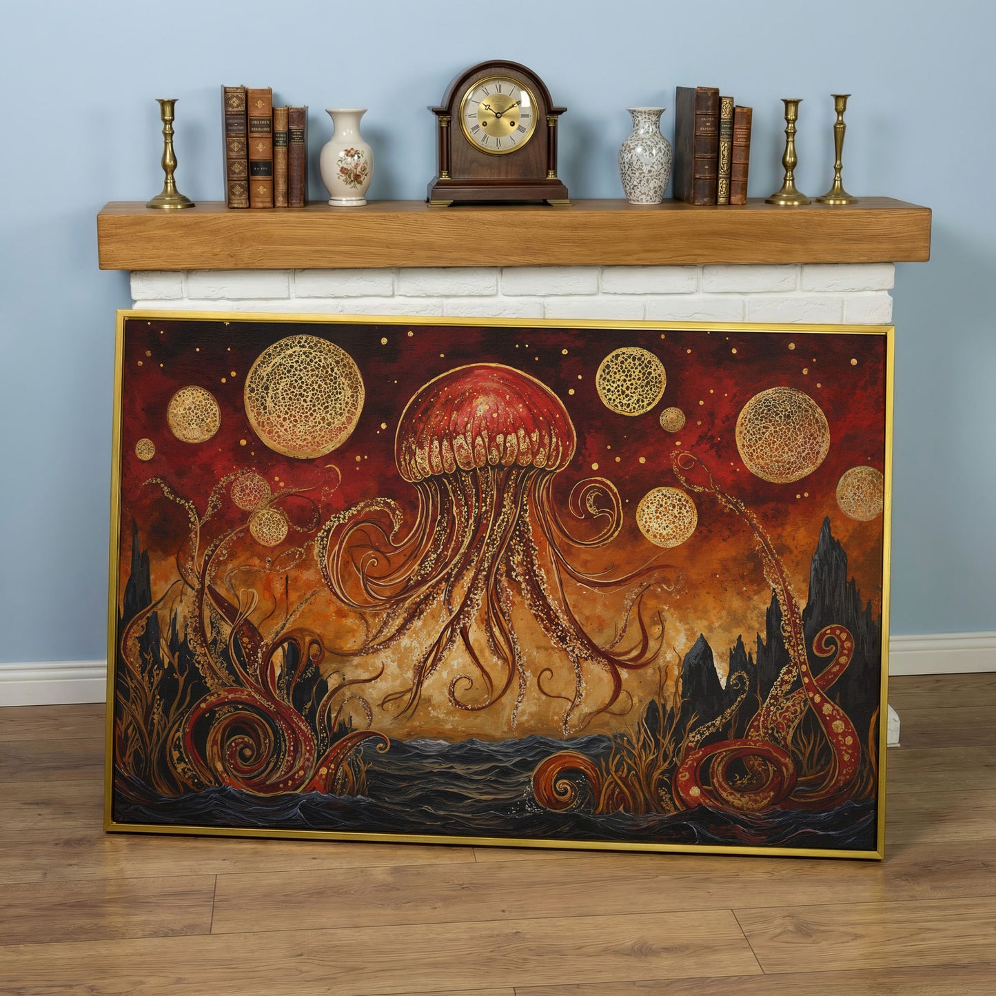 Surreal Jellyfish Above a Golden Seascape Canvas Print in yellow gold floating frame