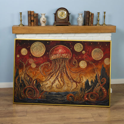 Surreal Jellyfish Above a Golden Seascape Canvas Print in yellow gold floating frame