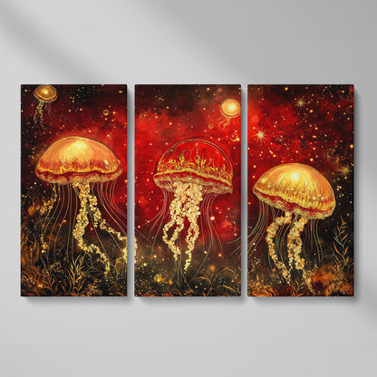 Surreal Jellyfish in a Starry Botanical Sea. Canvas Wall Art as 3-panel split version