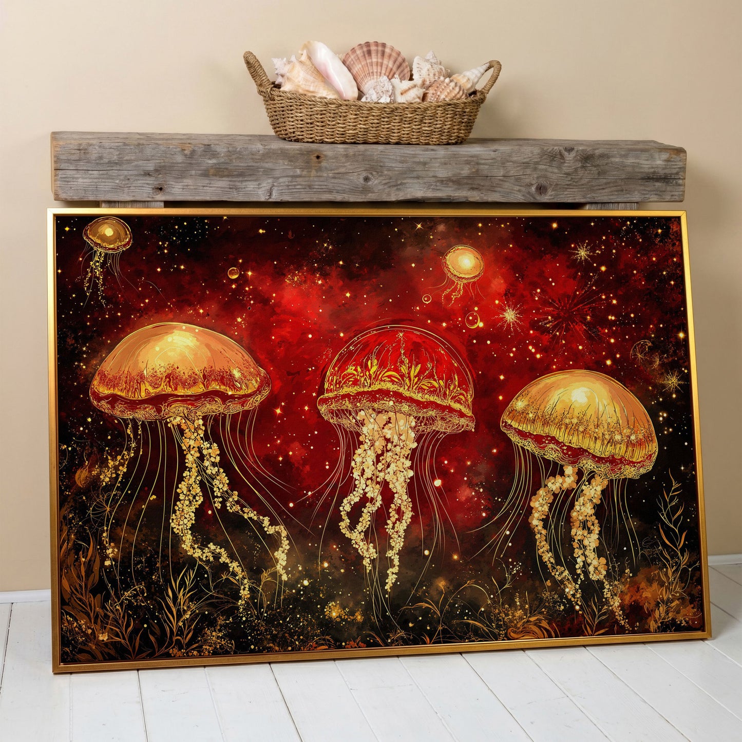 Surreal Jellyfish in a Starry Botanical Sea. Canvas Wall Art in antique gold floating frame