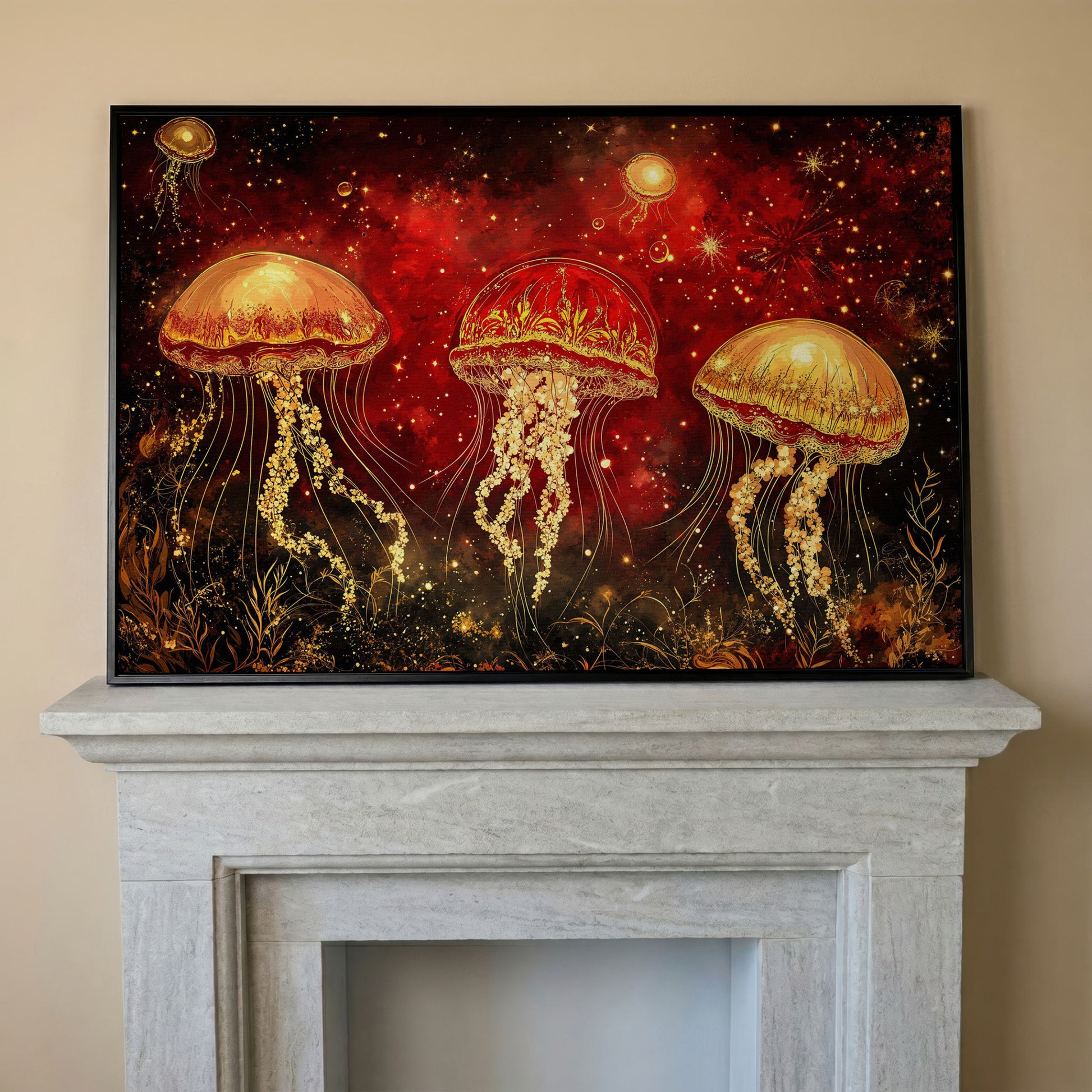 Surreal Jellyfish in a Starry Botanical Sea. Canvas Wall Art in black floating frame