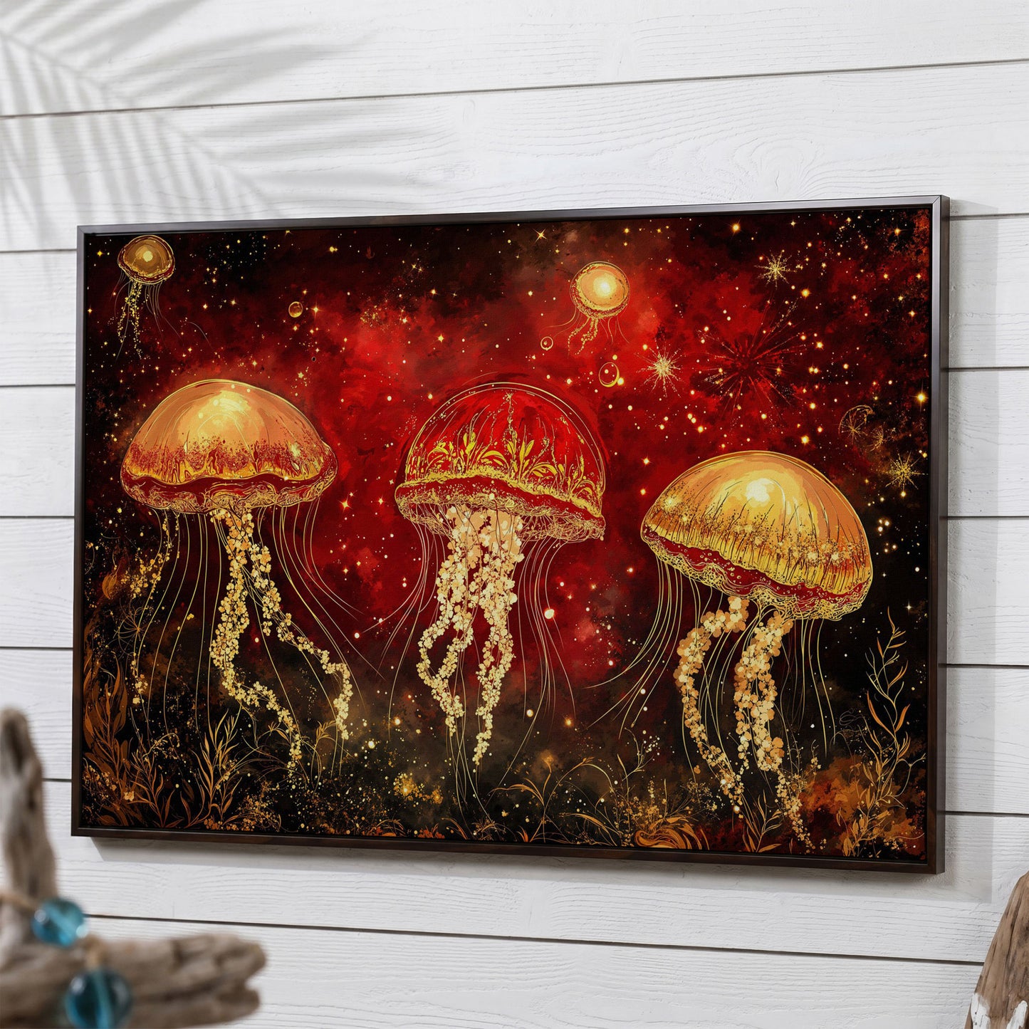 Surreal Jellyfish in a Starry Botanical Sea. Canvas Wall Art in dark walnut floating frame