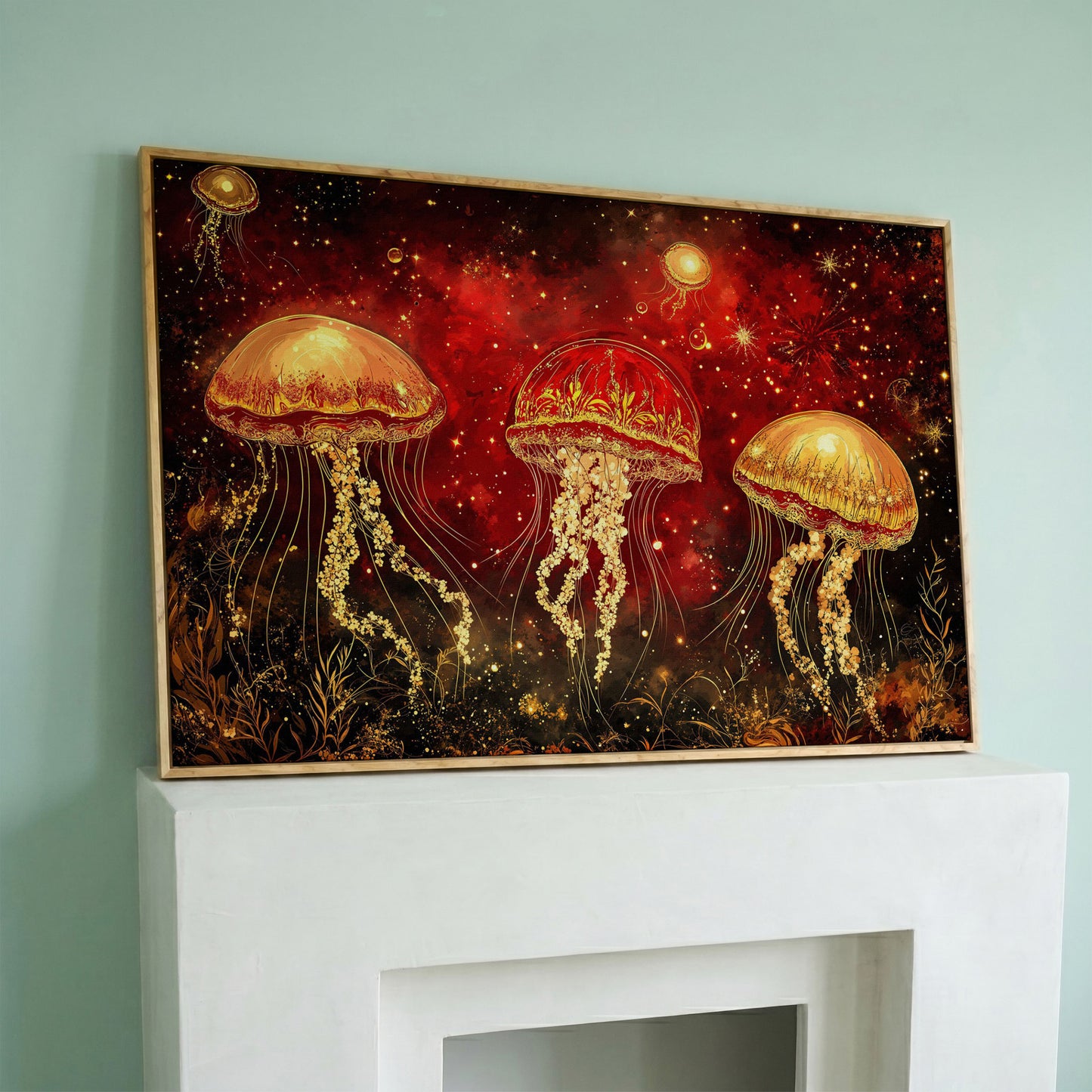 Surreal Jellyfish in a Starry Botanical Sea. Canvas Wall Art in white oak floating frame