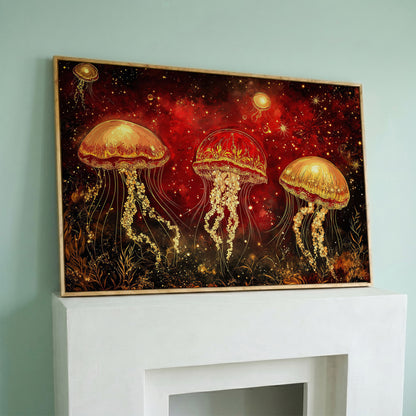 Surreal Jellyfish in a Starry Botanical Sea. Canvas Wall Art in white oak floating frame
