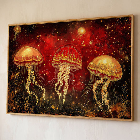 Surreal Jellyfish in a Starry Botanical Sea. Canvas Wall Art shown in white oak floating frame