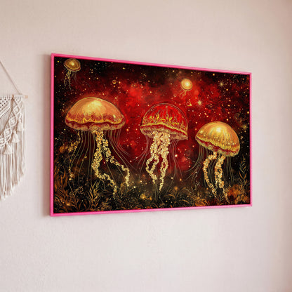 Surreal Jellyfish in a Starry Botanical Sea. Canvas Wall Art in pink floating frame