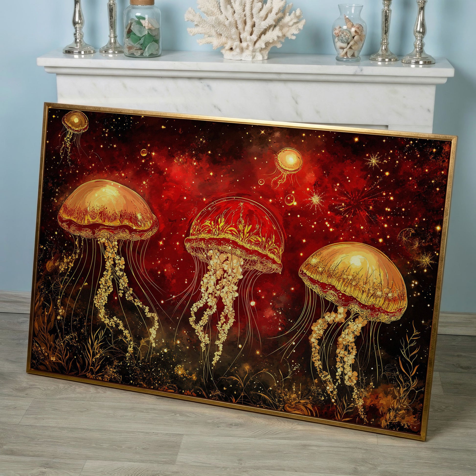 Surreal Jellyfish in a Starry Botanical Sea. Canvas Wall Art in rose gold floating frame