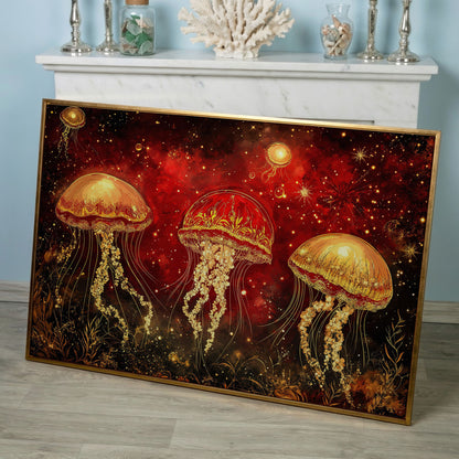 Surreal Jellyfish in a Starry Botanical Sea. Canvas Wall Art in rose gold floating frame