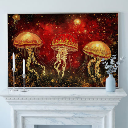 Surreal Jellyfish in a Starry Botanical Sea. Canvas Wall Art in silver floating frame