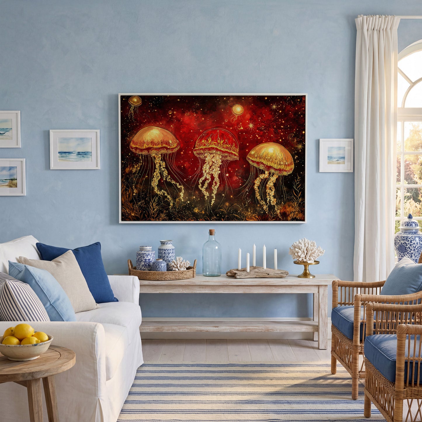 Surreal Jellyfish in a Starry Botanical Sea. Canvas Wall Art in white floating frame