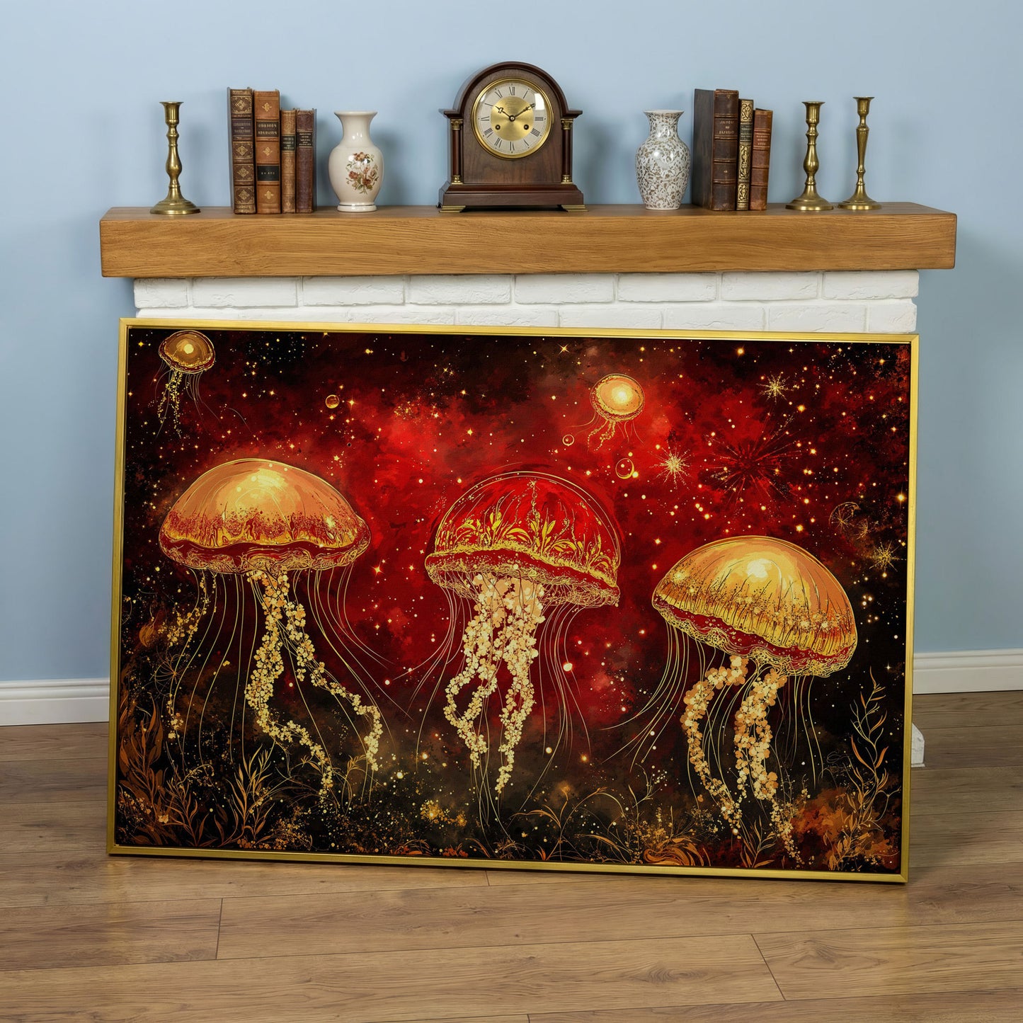 Surreal Jellyfish in a Starry Botanical Sea. Canvas Wall Art in yellow gold floating frame
