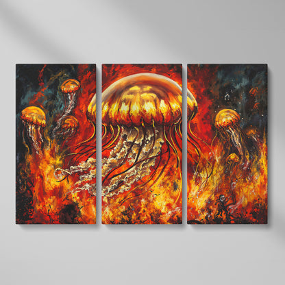 Jellyfish and Diver Ocean Depth Canvas Wall Art as 3-panel split version