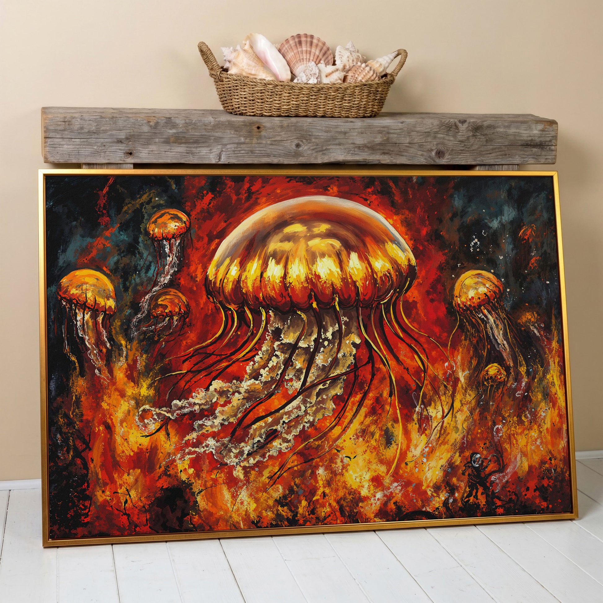 Jellyfish and Diver Ocean Depth Canvas Wall Art in antique gold floating frame