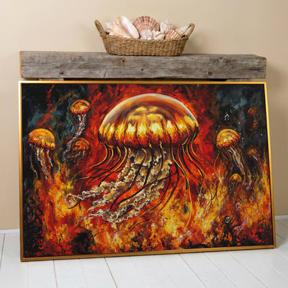 Jellyfish and Diver Ocean Depth Canvas Wall Art in antique gold floating frame