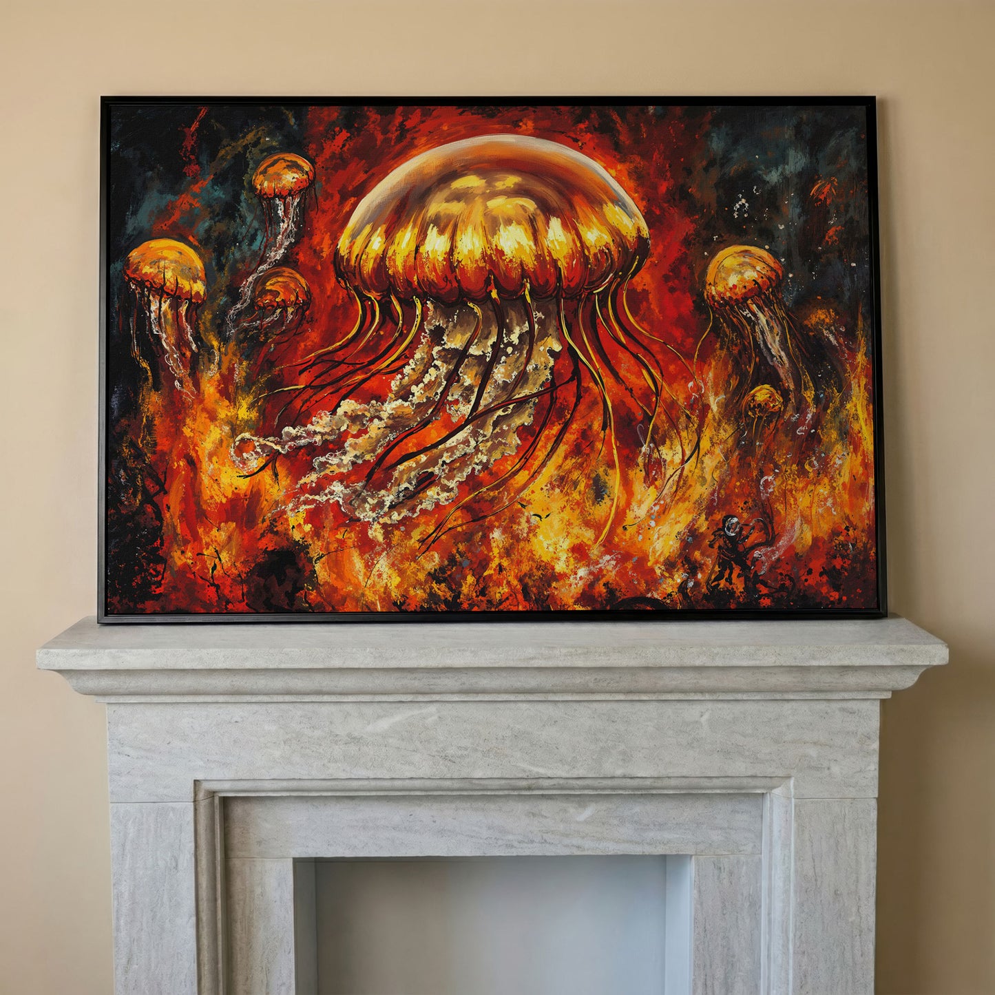 Jellyfish and Diver Ocean Depth Canvas Wall Art in black floating frame