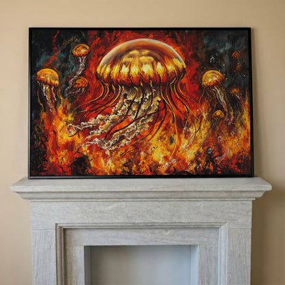 Jellyfish and Diver Ocean Depth Canvas Wall Art in black floating frame
