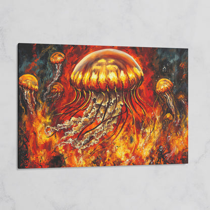 Jellyfish and Diver Ocean Depth Canvas Wall Art on gallery wrap