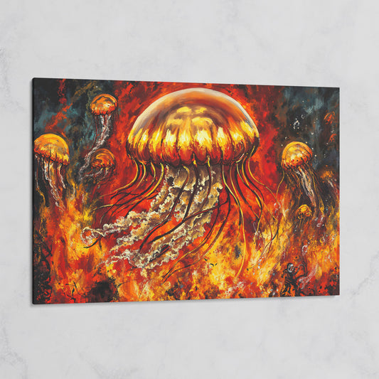 Jellyfish and Diver Ocean Depth Canvas Wall Art on gallery wrap