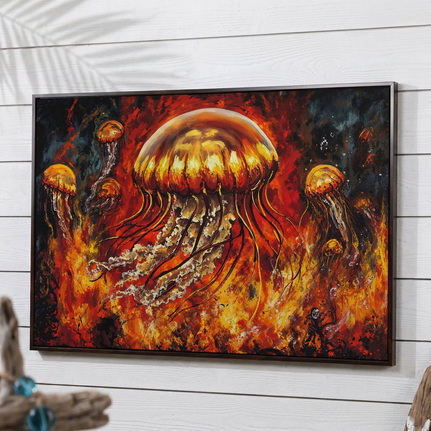 Jellyfish and Diver Ocean Depth Canvas Wall Art in dark walnut floating frame