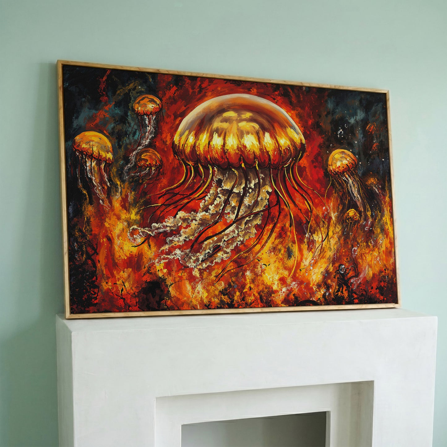 Jellyfish and Diver Ocean Depth Canvas Wall Art in white oak floating frame