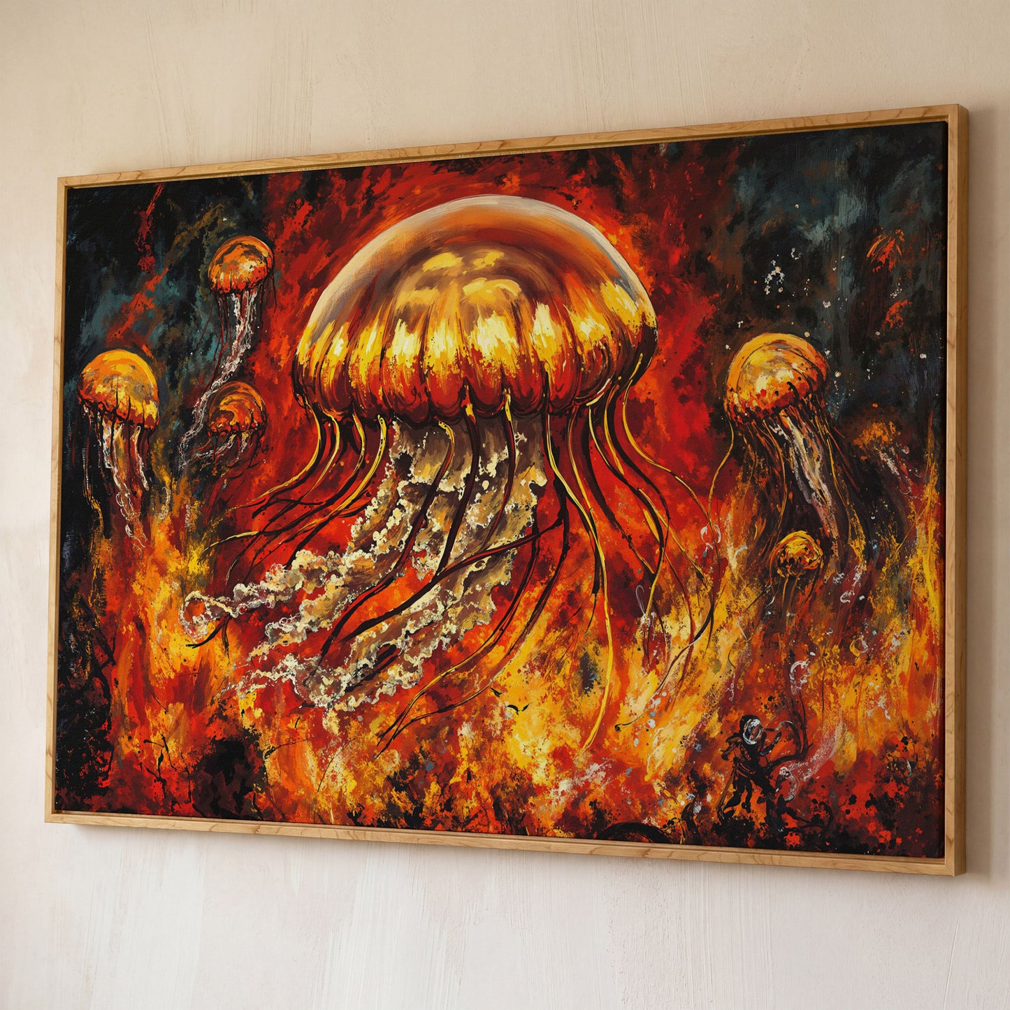 Jellyfish and Diver Ocean Depth Canvas Wall Art shown in white oak floating frame