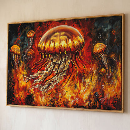 Jellyfish and Diver Ocean Depth Canvas Wall Art shown in white oak floating frame
