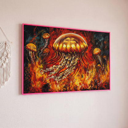Jellyfish and Diver Ocean Depth Canvas Wall Art in pink floating frame