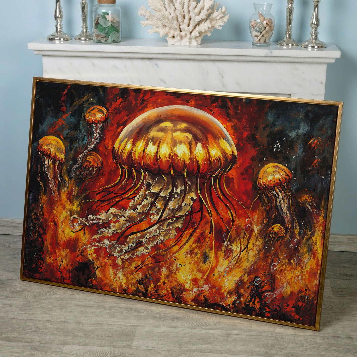 Jellyfish and Diver Ocean Depth Canvas Wall Art in rose gold floating frame