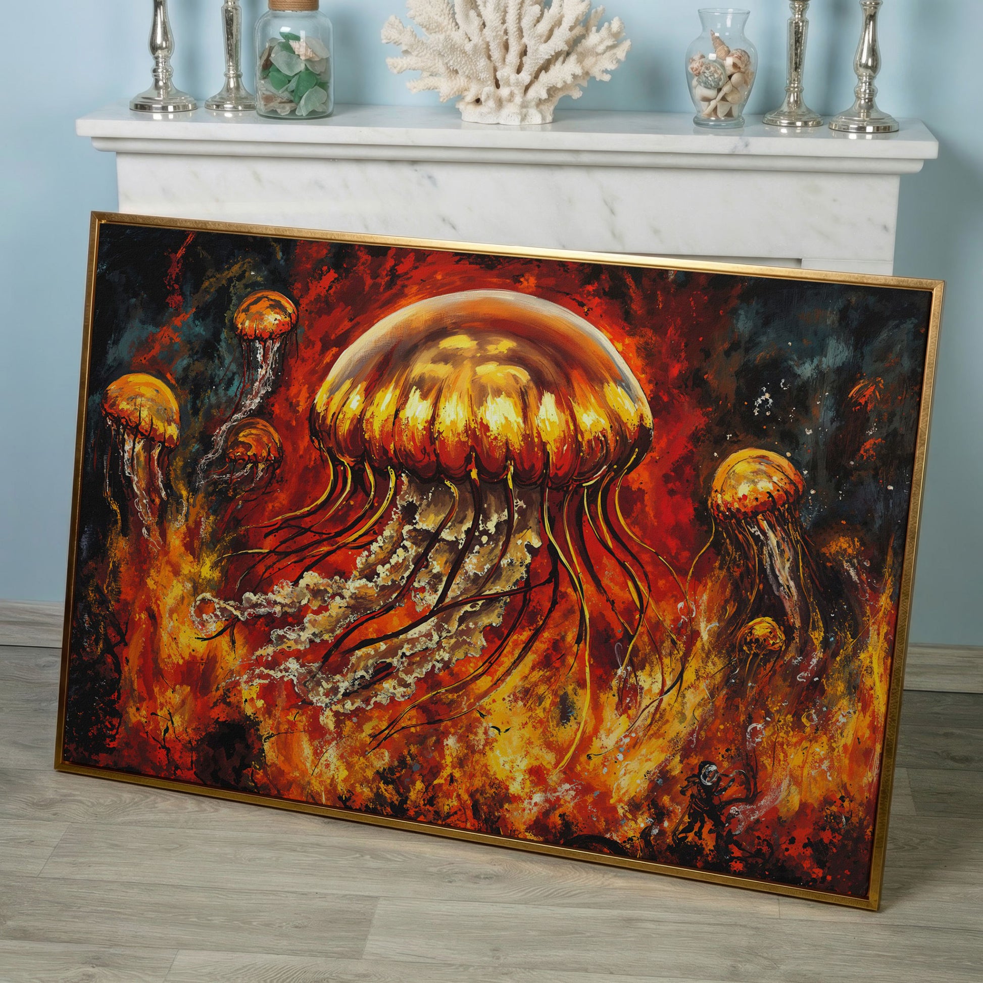 Jellyfish and Diver Ocean Depth Canvas Wall Art in rose gold floating frame