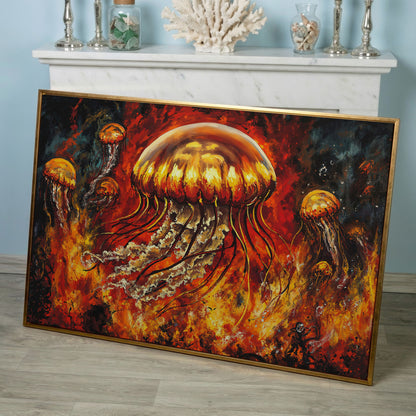 Jellyfish and Diver Ocean Depth Canvas Wall Art in rose gold floating frame