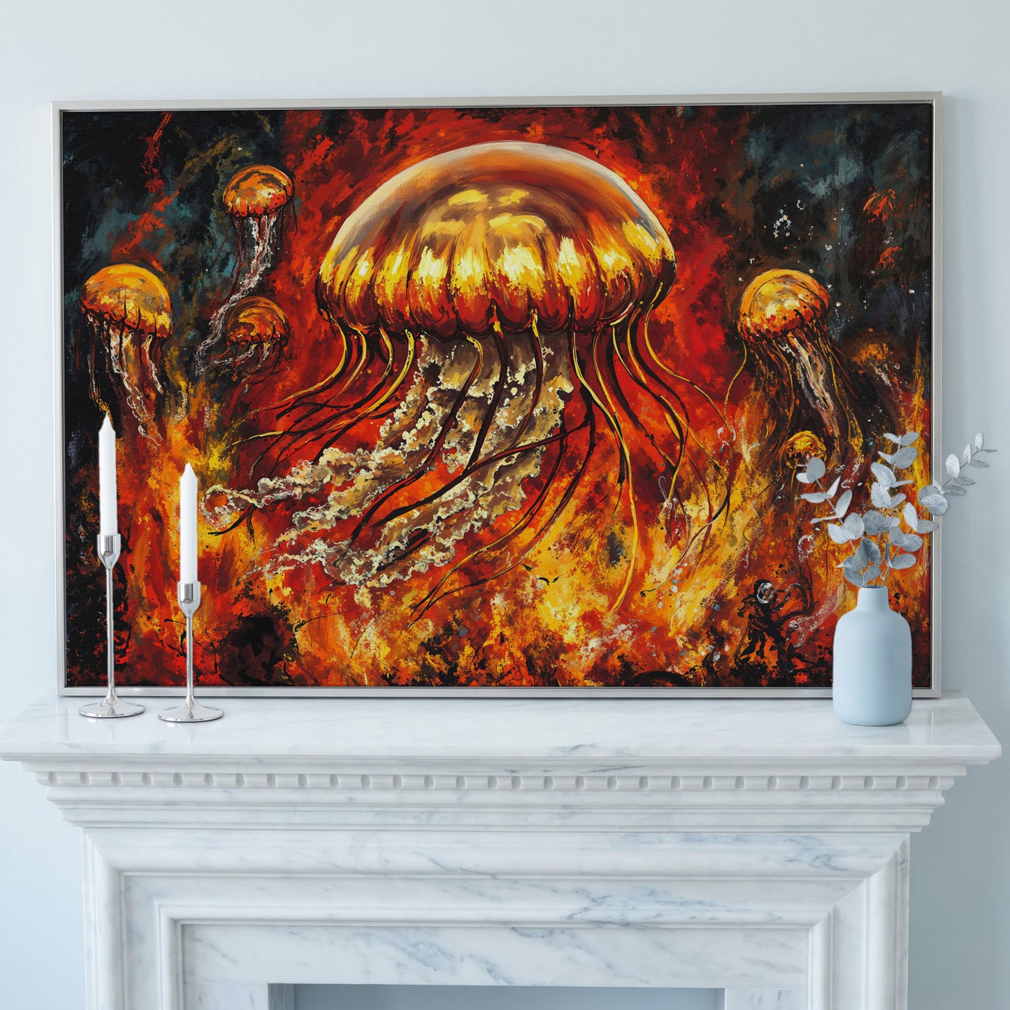 Jellyfish and Diver Ocean Depth Canvas Wall Art in silver floating frame