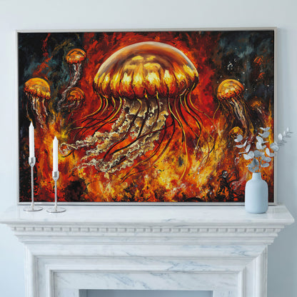 Jellyfish and Diver Ocean Depth Canvas Wall Art in silver floating frame