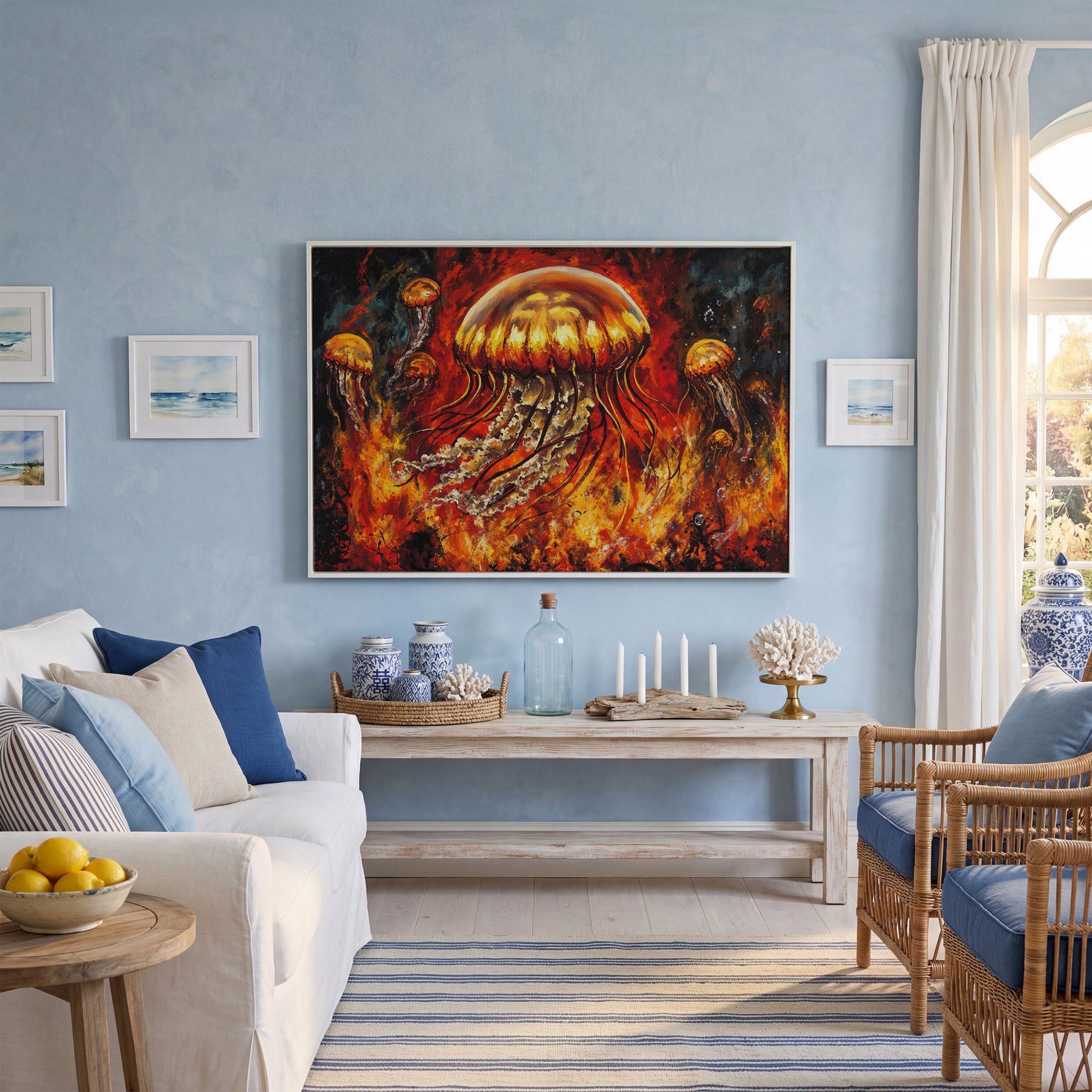Jellyfish and Diver Ocean Depth Canvas Wall Art in white floating frame