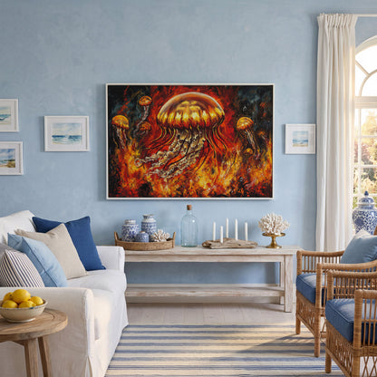 Jellyfish and Diver Ocean Depth Canvas Wall Art in white floating frame