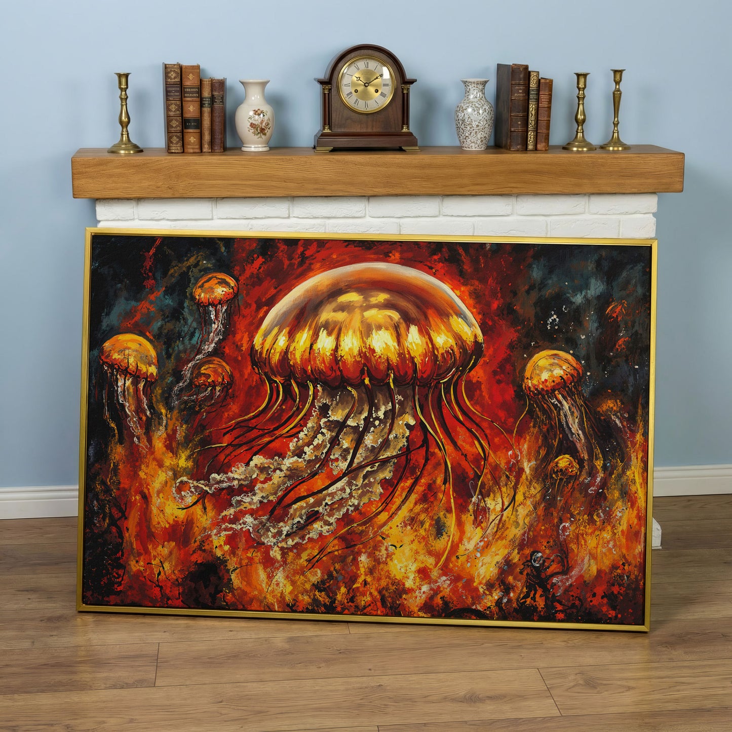 Jellyfish and Diver Ocean Depth Canvas Wall Art in yellow gold floating frame