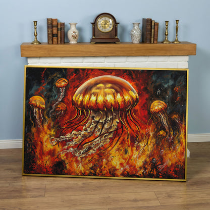 Jellyfish and Diver Ocean Depth Canvas Wall Art in yellow gold floating frame