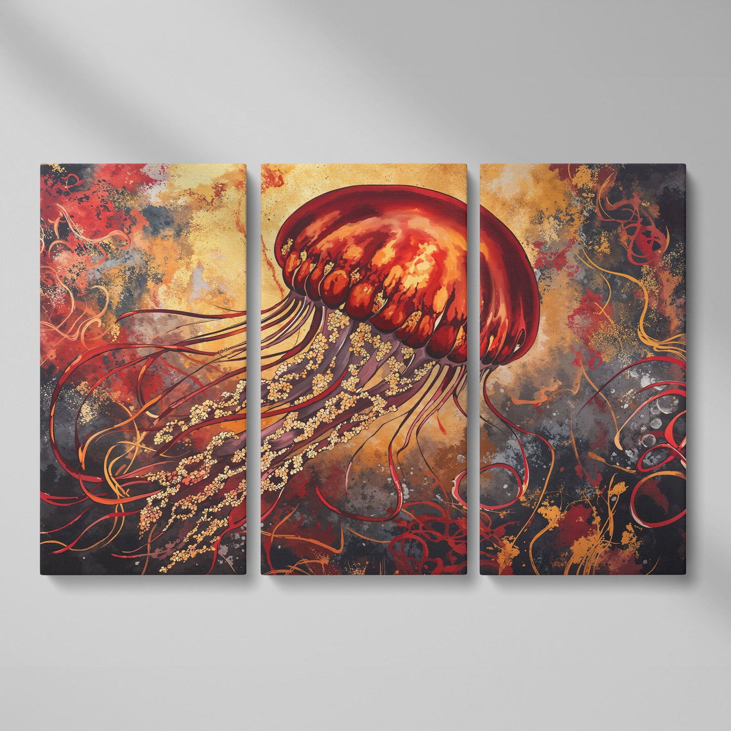 Lone Jellyfish Abstract Underwater Canvas Wall Art as 3-panel split version