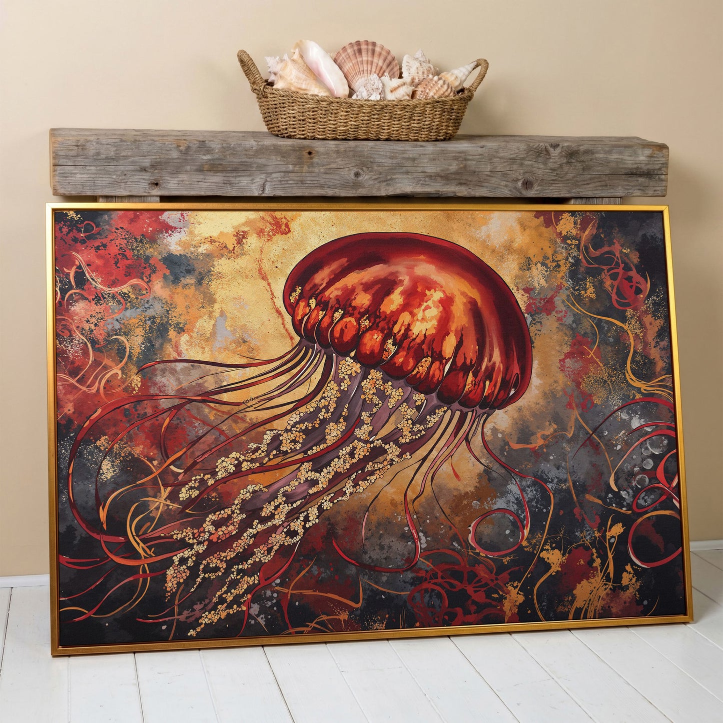 Lone Jellyfish Abstract Underwater Canvas Wall Art in antique gold floating frame