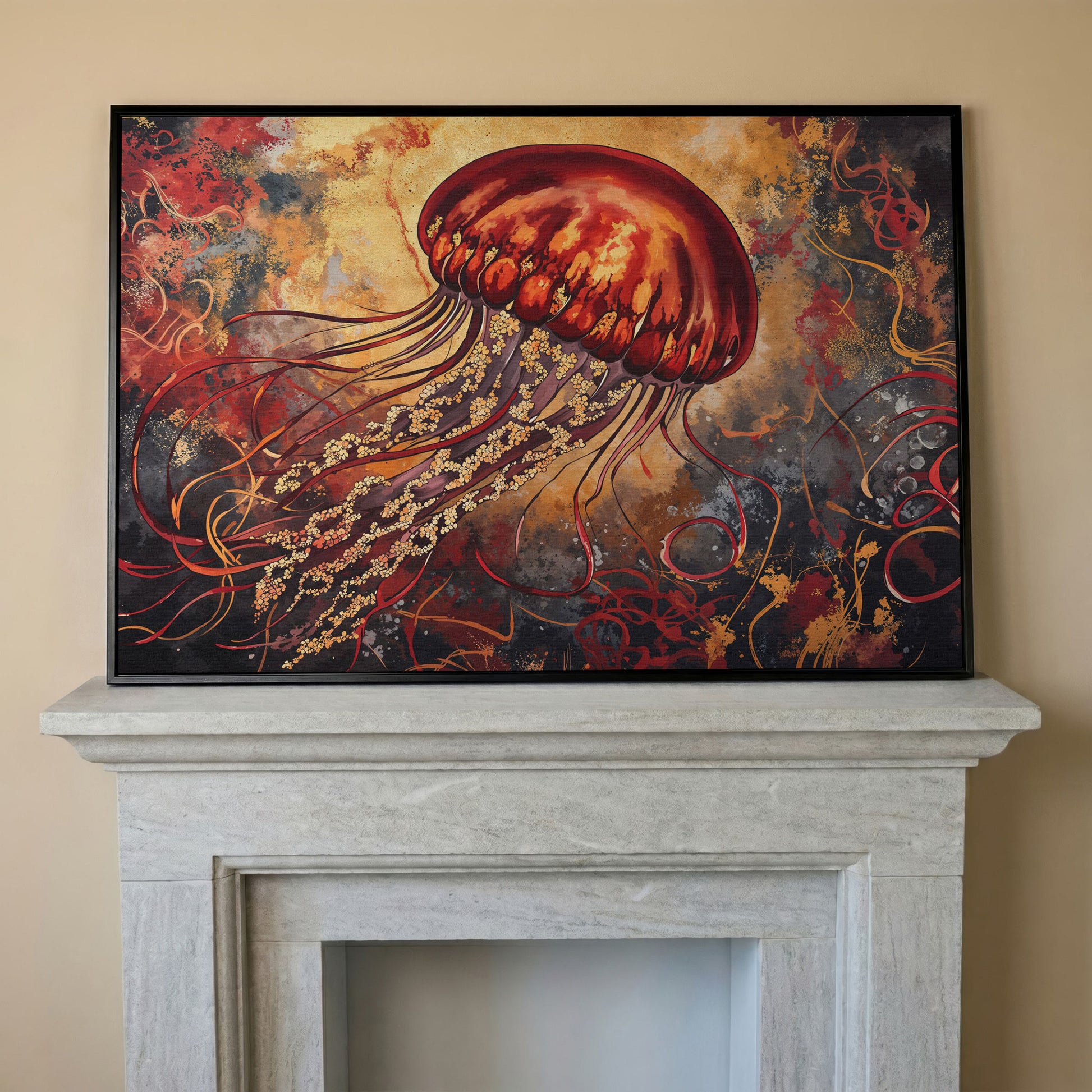 Lone Jellyfish Abstract Underwater Canvas Wall Art in black floating frame