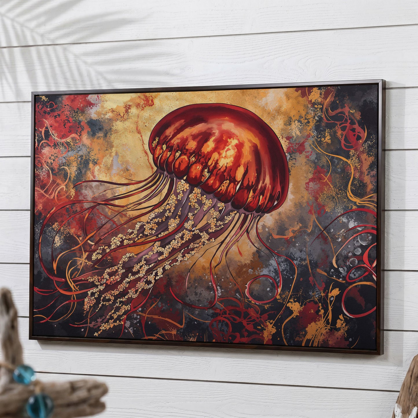Lone Jellyfish Abstract Underwater Canvas Wall Art in dark walnut floating frame