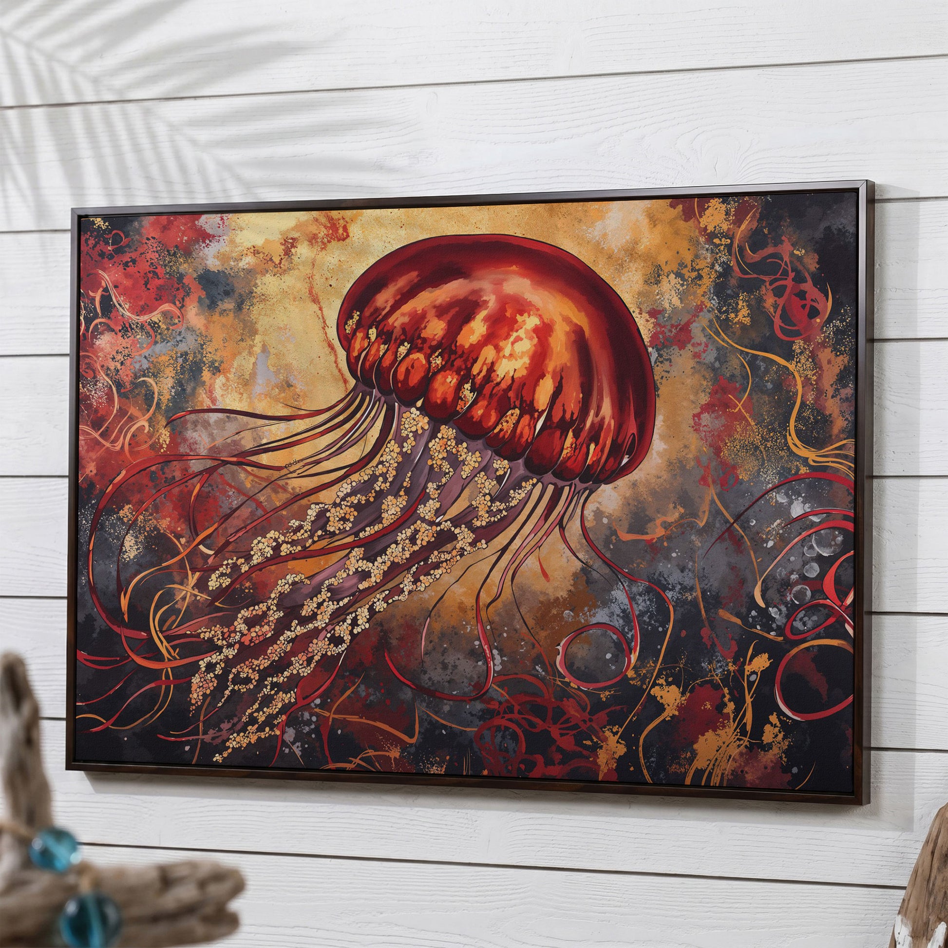 Lone Jellyfish Abstract Underwater Canvas Wall Art in dark walnut floating frame