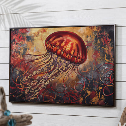 Lone Jellyfish Abstract Underwater Canvas Wall Art in dark walnut floating frame