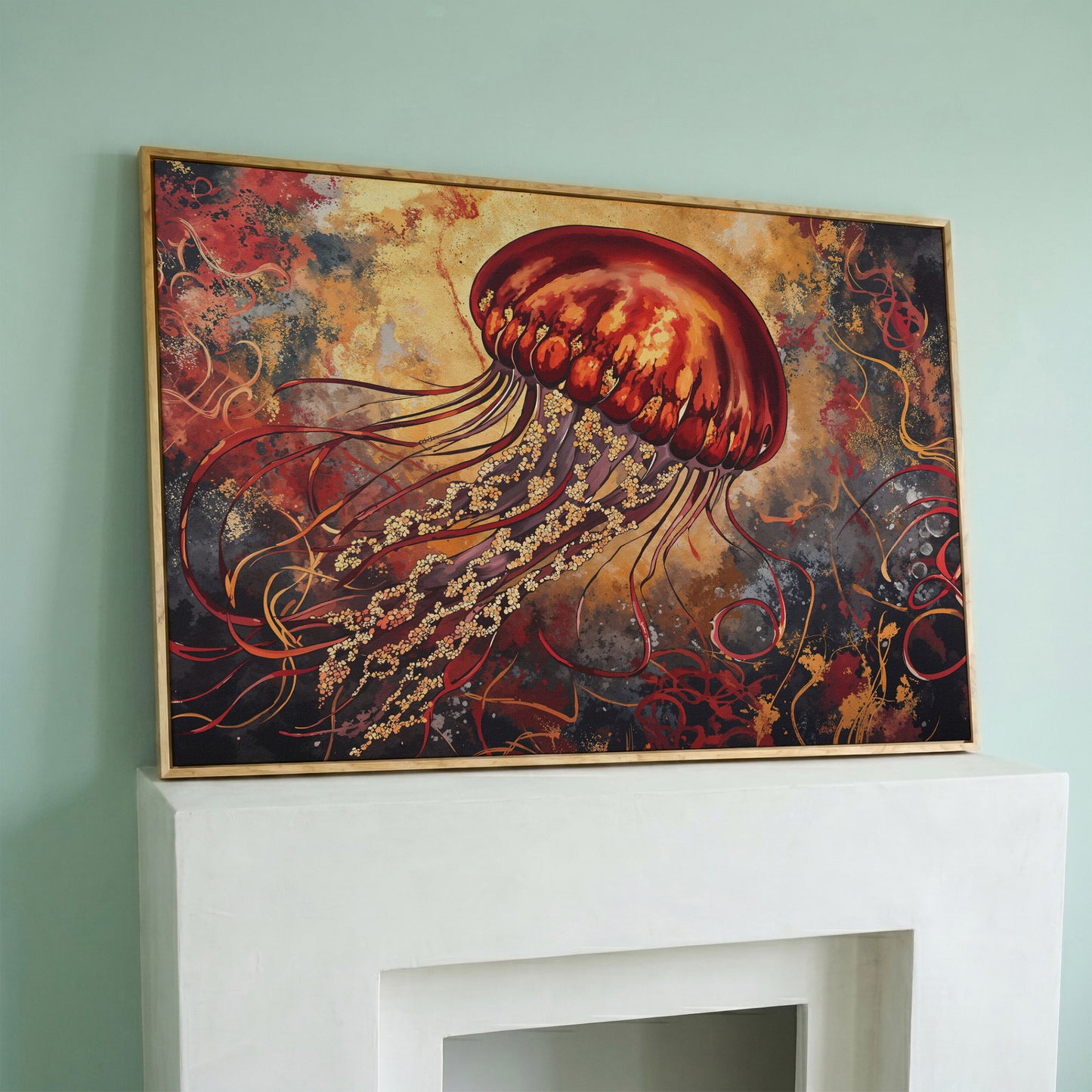 Lone Jellyfish Abstract Underwater Canvas Wall Art in white oak floating frame
