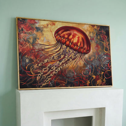 Lone Jellyfish Abstract Underwater Canvas Wall Art in white oak floating frame